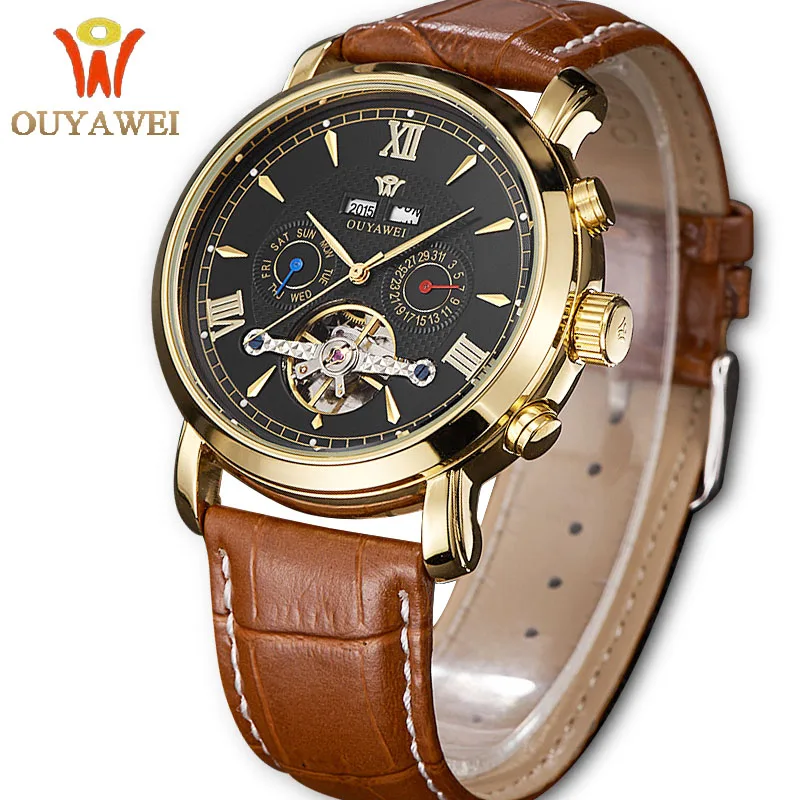 

OUYAWEI Business Mens Tourbillon Watches Mechanical Calendar Flywheel Dial Skeleton Automatic Self-wind Watches Dropshipping