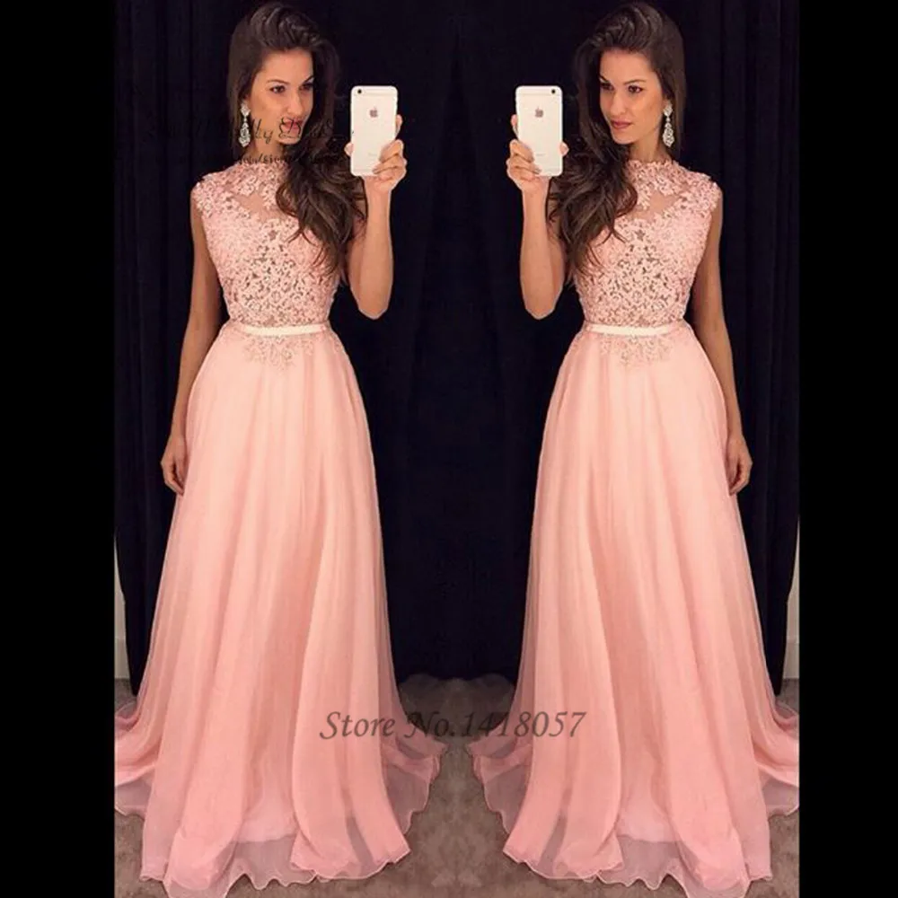 

Vintage Pink Lace Formal Evening Dresses Gowns Long O Neck Cheap Prom Dress 2017 Vestido Longo de Festa Renda Robe de Soiree