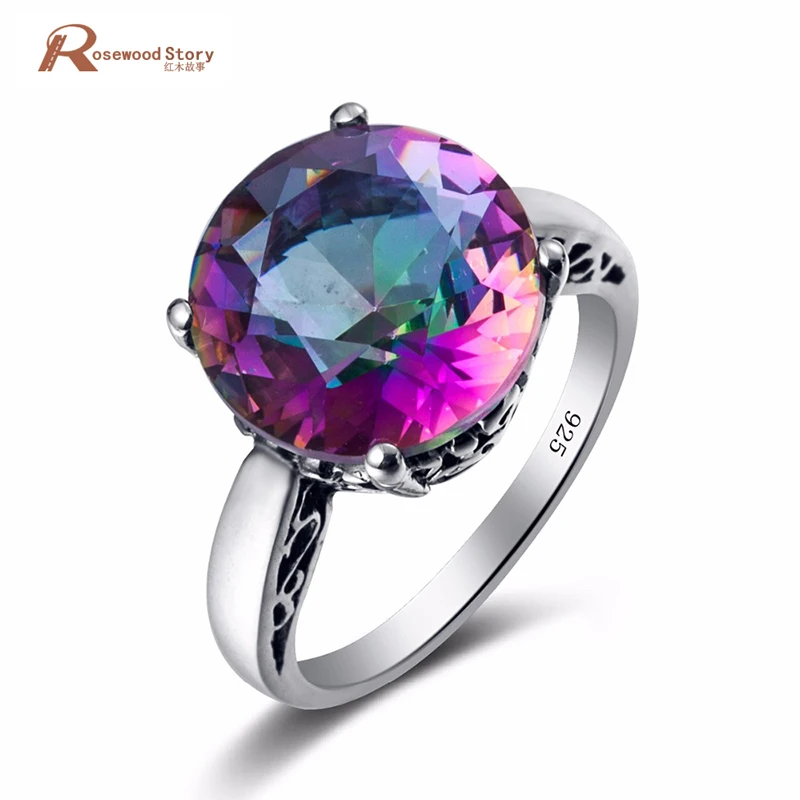 

Solid 925 Sterling Silver Cocktail Ring Charm Handmade Rose Rainbow Mystic Topaz Crystal Rings For Women Party Vintage Jewelry