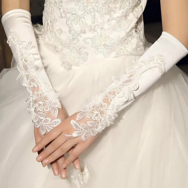 Аппликации бисером Свадебная перчатка ганты марияж женские кружевные белые без пальцев новые перчатки невесты