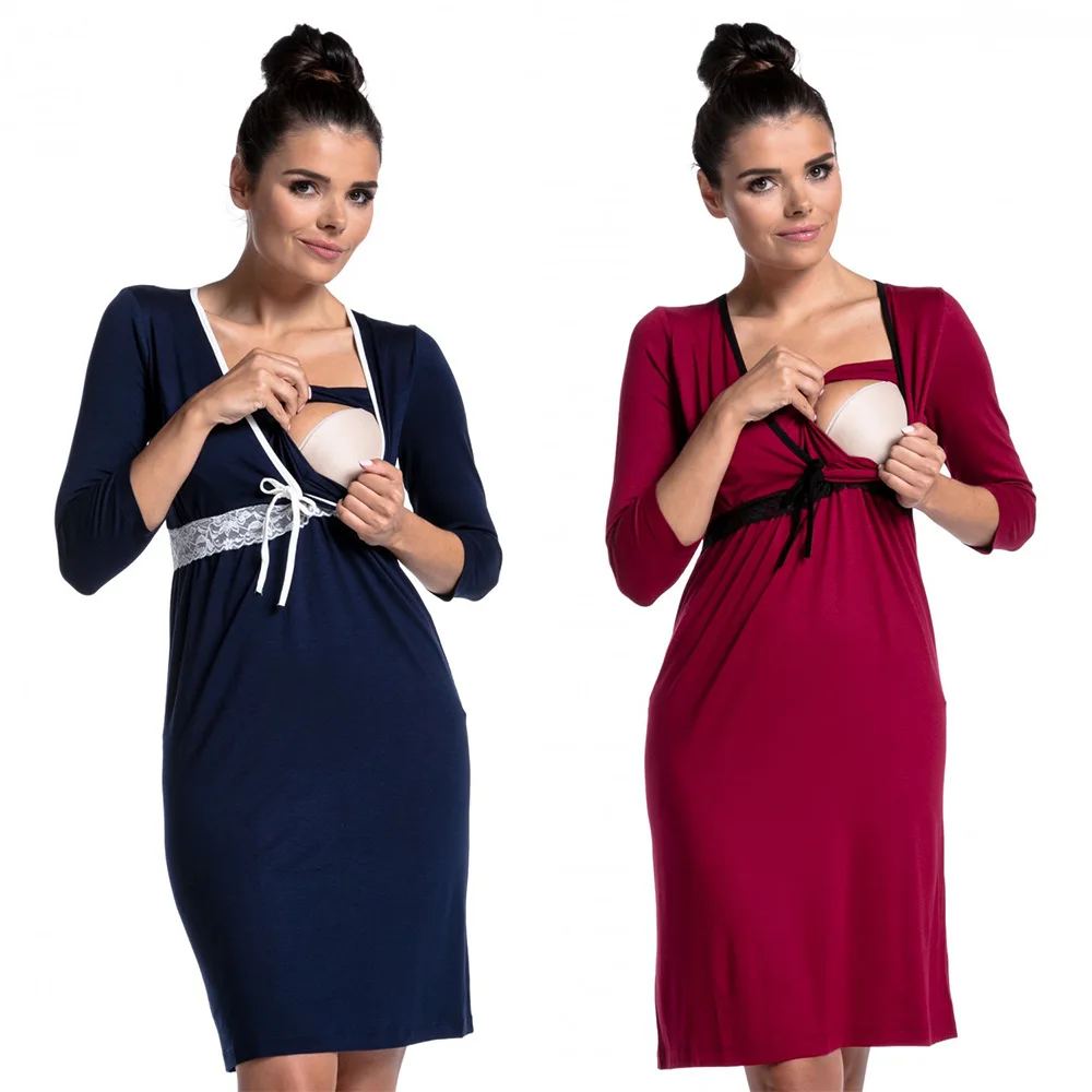 Lace Maternity 2in1 Pregnancy and Nursing V-Neck Nightdress Midi Dress Nightwear 