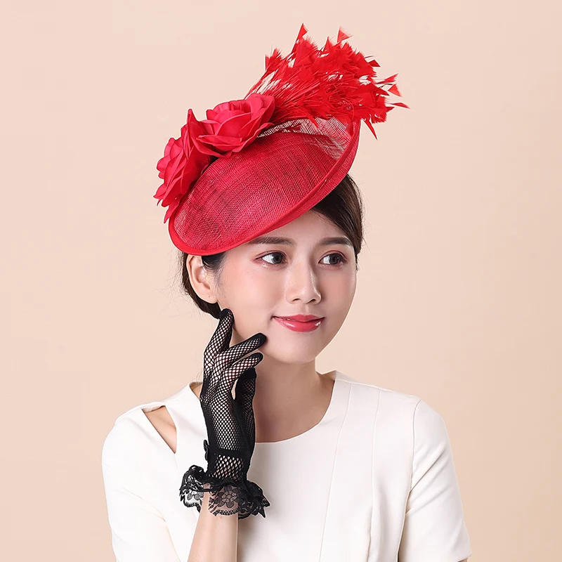 Fedoras Hat Fashion British Royal Ascot Feather Sinamay Fascinator Cap Ladies Wedding Show Hair Accessories Headwear Caps H6615