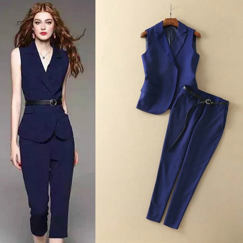 Image Fashion Business Office Blazer Women Work Suit Set Blue Sleeveless Vest Blazer Trousers Pantsuit for Women Autumn Winter 2016