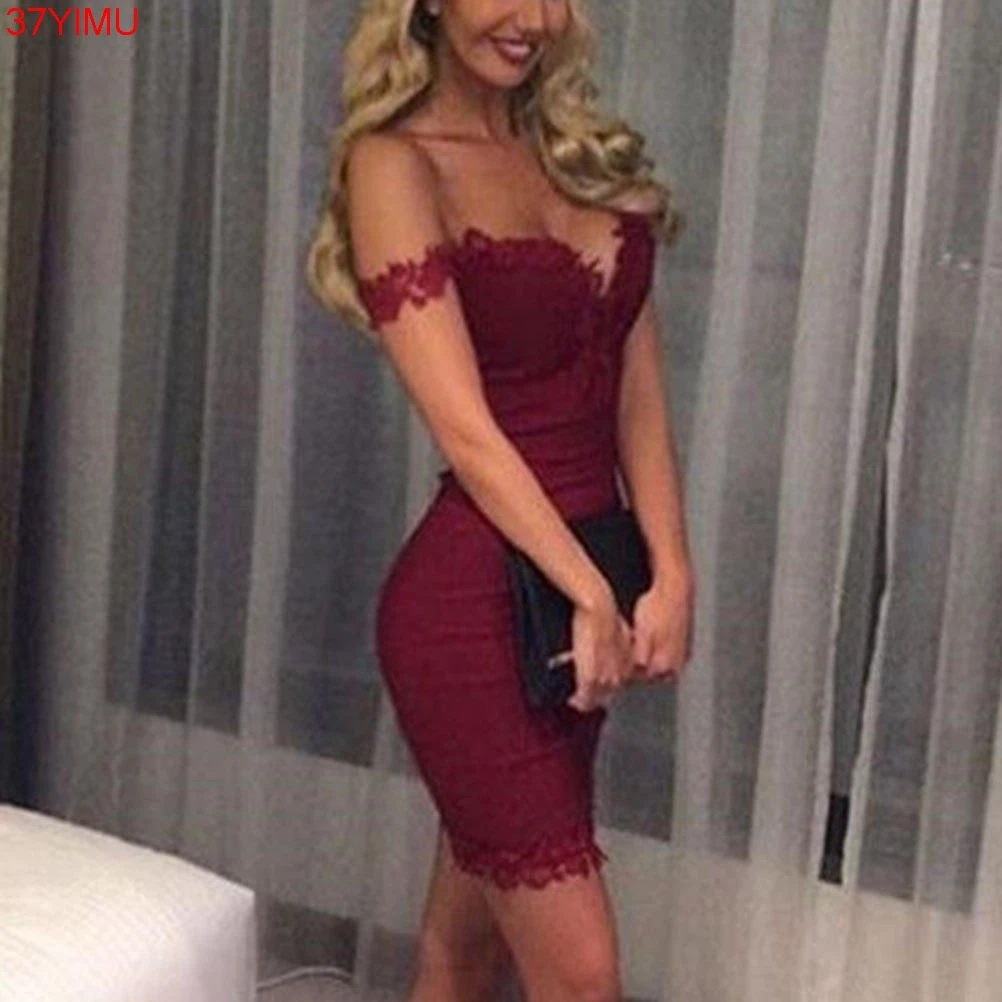 

New Arrival Women Off Shoulder Lace Dress Summer Sexy Bodycon Strappy V Neck Evening Party Dress