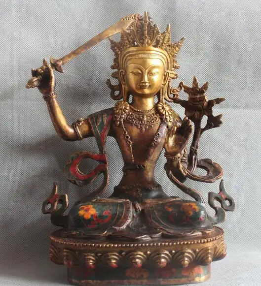 

S02145 12" Tibetan Buddhism Bronze Gilt Cloisonne Manjushri Bodhisattva Buddha Statue G (B0328)