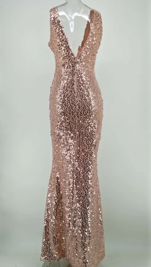 Golden Sequin Bodycon Dresses Women Sexy V-neck Long Dress 2019 Summer Ladies Sleeveless Maxi Evening Party Dress Plus Size