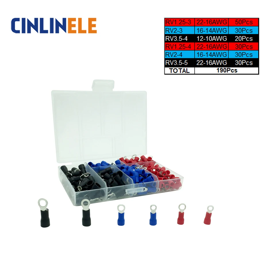 190pcs 6 different Crimp Terminal Ring connector kit set Wire brass