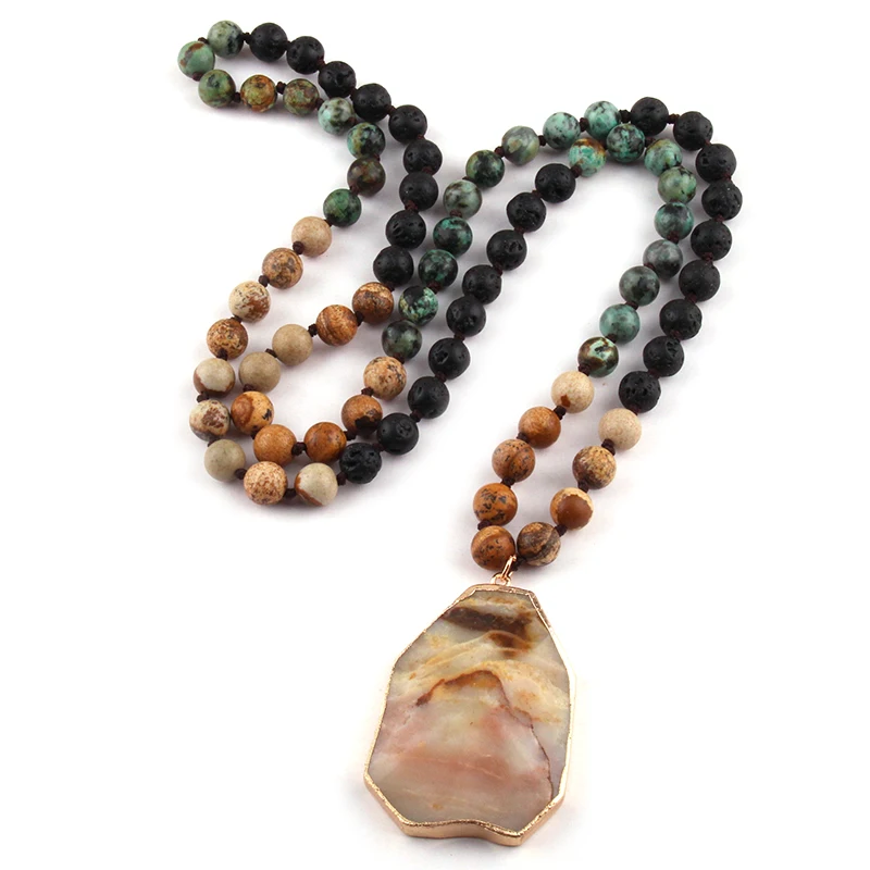 

Free Shipping Fashion 8mm Semi Precious Stones lava 3 color Knotted Stone Pendant Necklace