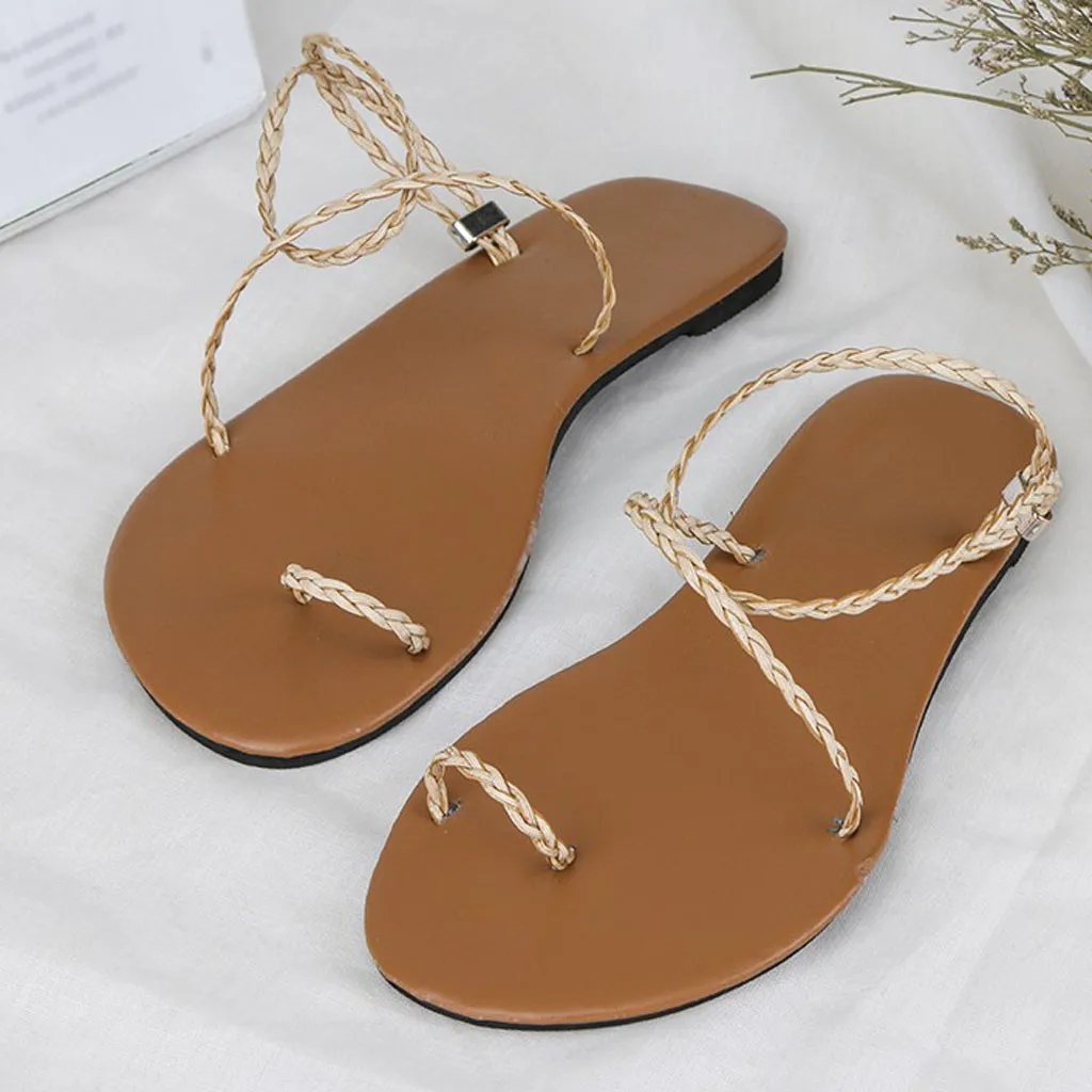 

Women's Beach Open Toe Flat Sandals Large Size Woven Sandals Rome Style Female Solid Color Sandal Low Heels Chaussures Femme 30