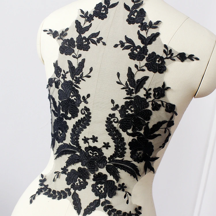 

black embroidered lace appliques, retro flowers embroidery lace applique bodice for bridal garment accessoires