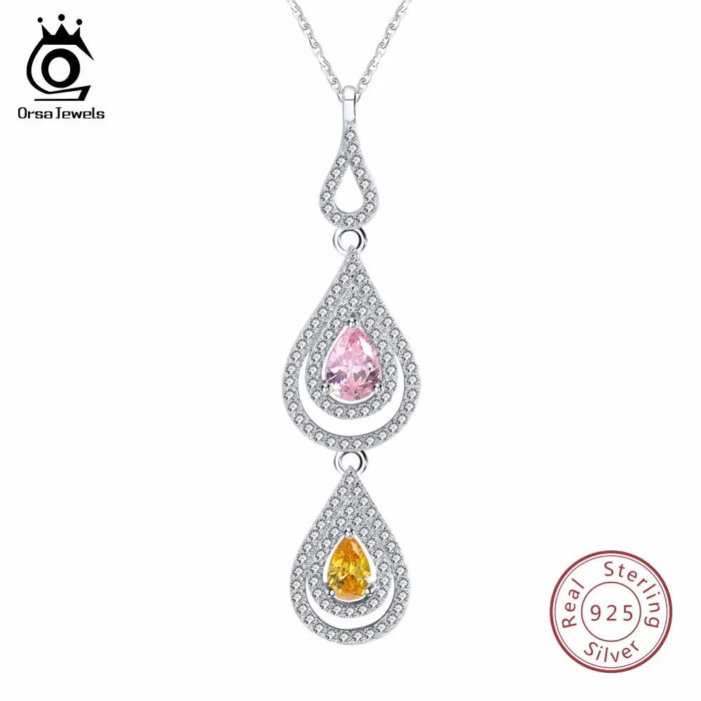

ORSA JEWELS Luxury 925 Sterling Silver Necklaces For Women Water Drop AAA Cubic Zircon Trendy Top Quality Female Pendant SN70