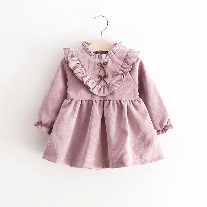 

2018 New Autumn Spring baby Girls Long Sleeves Corduroy Pink Dress Fashion Bowknot Baby Princess Dress Children's Clothing Brand