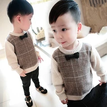 Весенний клетчатый свитер для мальчиков, свитера с бантом, качественная вязаная одежда для нежных мальчиков