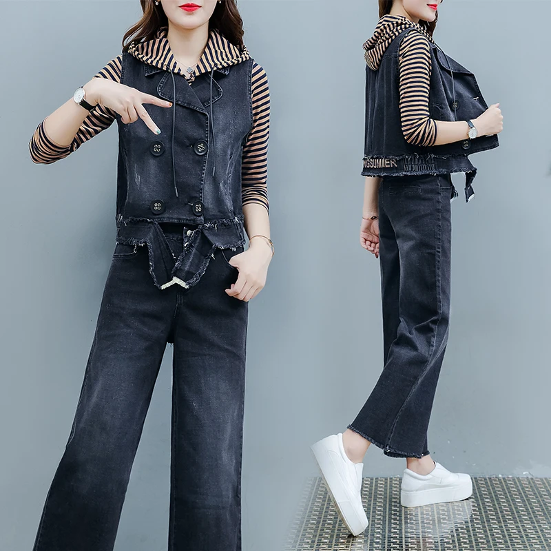 

Jeans Sets for Women Autumn 2019 New Striped Shirt Denim Vest Suit Wide Leg Pants Trousers Fashion Suits Casual 3 Piece Set