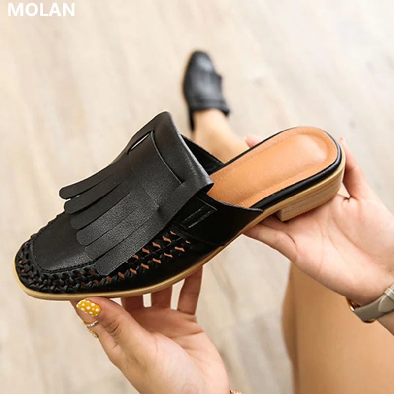

MOLAN Brand Desingers 2019 Summer New Fretwork Fringe Woman Shoes Med Heel Leather Slides Slip On Loafers Mules Flip Flops 35-40
