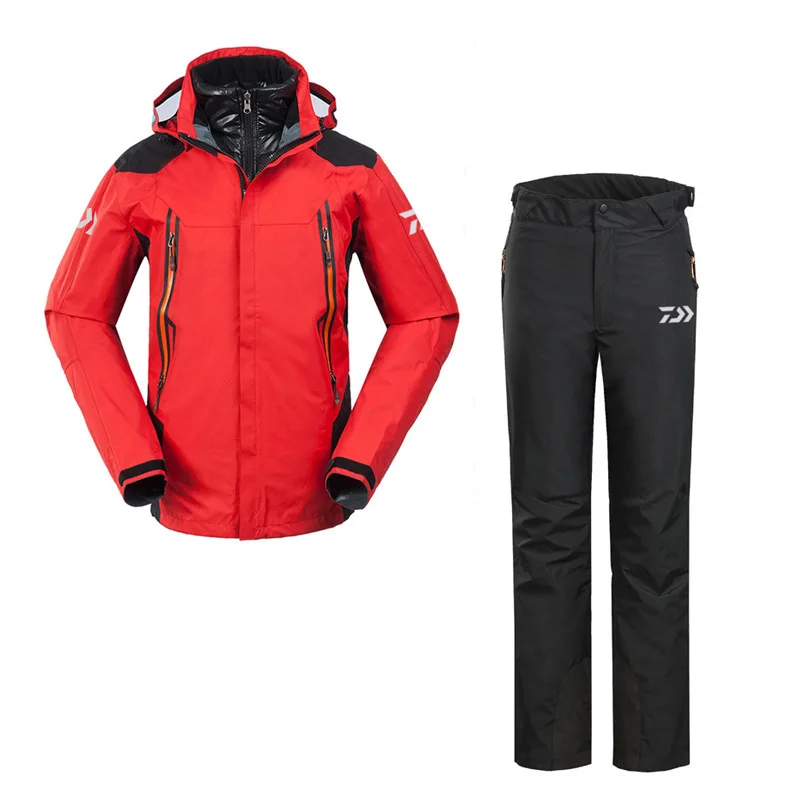 DAIWA Men Waterproof Outdoor Sports Winter Removable Liner Fishing Clothes Pants Coat Warm Jacket Mountaineering Clothes Set - Цвет: Red Clo Black Pant