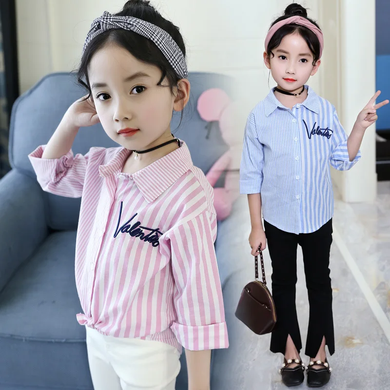 

New Arrival Spring Fall Girls Blouse 2018 Children Cotton Pink Blue Striped Shirt Teenage Girls Tops And Blouses Kids Clothing