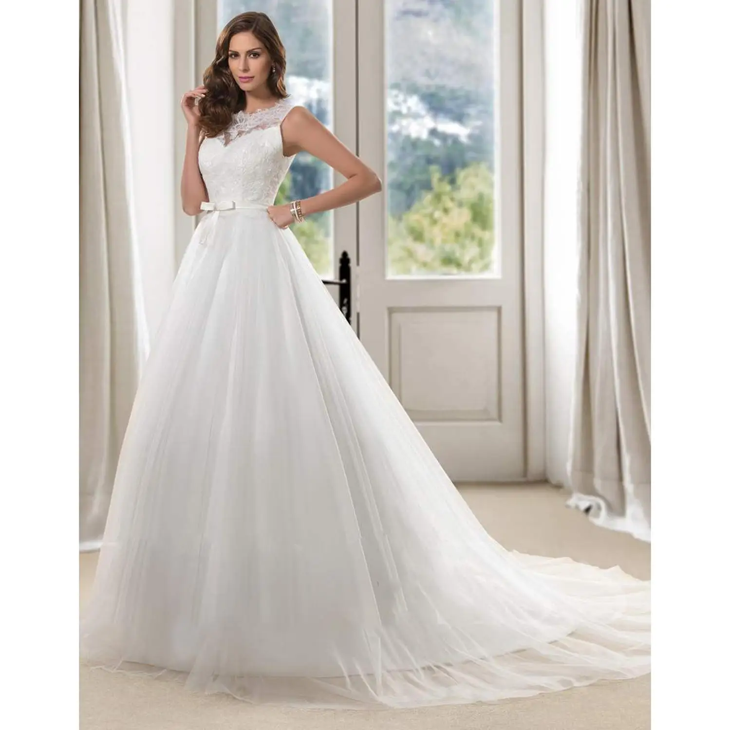 

Free Shipping Simple High Quality Tulle Elegant A Line Wedding Dresses O Neck Lace Applique Bridal Gowns vestido de festa longo