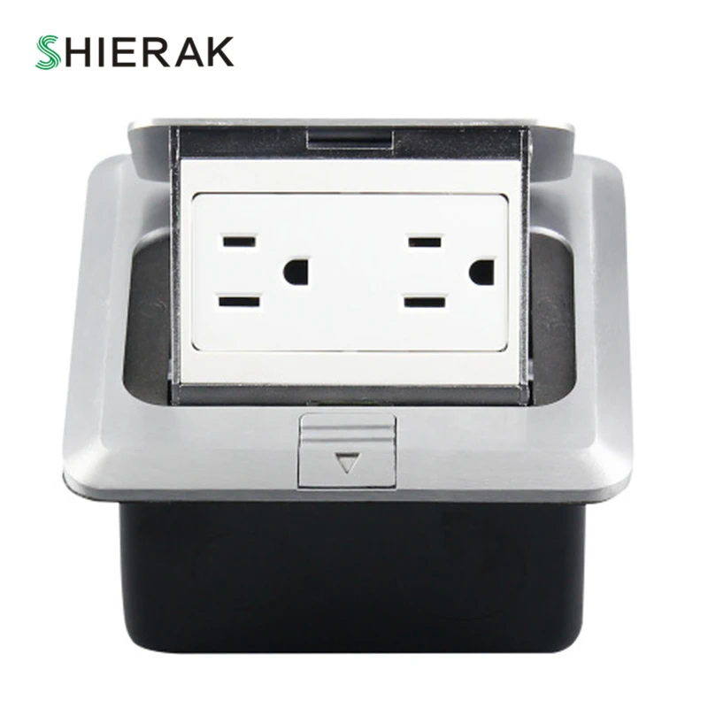 

SHIERAK 120 Type Aluminum Silver Panel US Standard Pop Up Floor Socket Electrical Double Outlets With Cover Mounting Box
