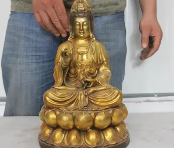 

15" Tibet Buddhism Bronze copper Kwan-Yn GuanYin Bodhisattva Sit on Lotus Statue