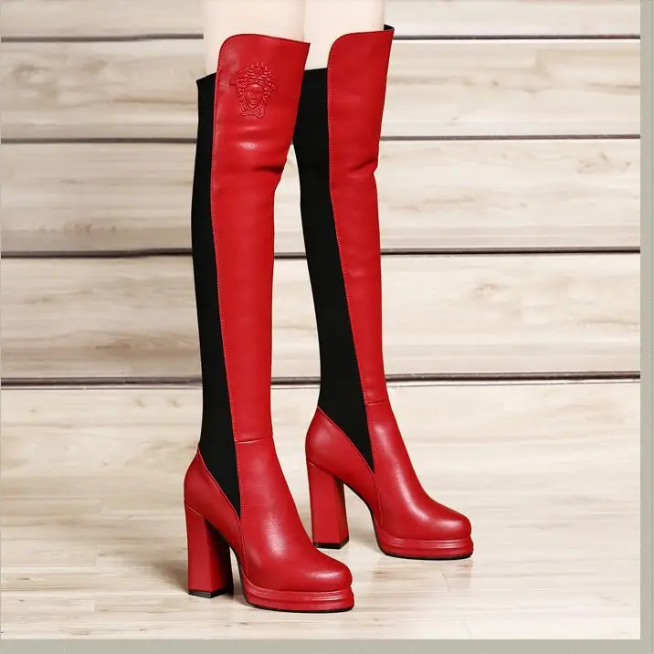 

2018 women winter new high square heels with short plush warm boots female knees PU and elastic cloth red and black slim boots