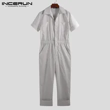 INCERUN мужские модные однотонные с коротким рукавом карманы с эластичной резинкой на талии с отворотом шеи брюки уличная одежда Комбинезоны