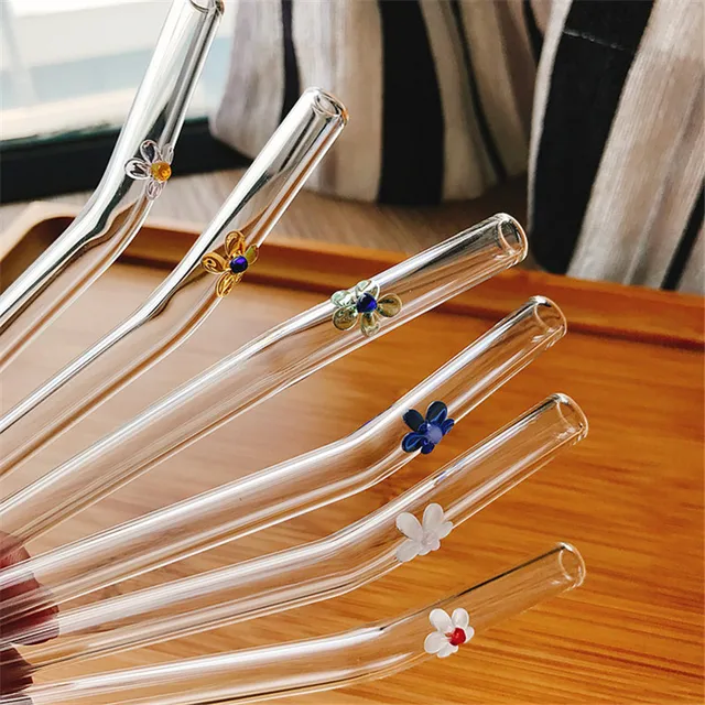 Kichvoe 4pcs Glass Straws with Design Flower Glass Straws Reusable Drinking  Straw with Cleaning Brush for Party