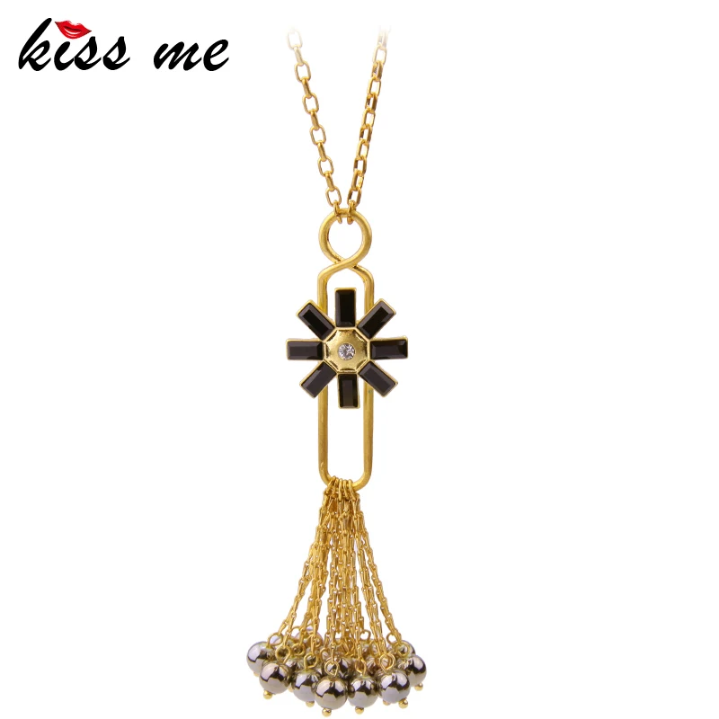 

KISS ME Black Red Flowers Long Pendant Necklace Rose Gold/ Gold Color Sweater Chain Women Jewelry