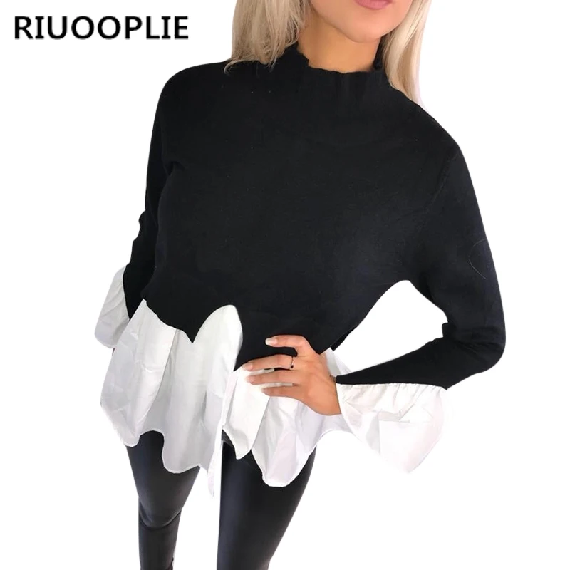 RIUOOPLIE Женская мода с длинным рукавом оборки Топы Повседневная Свободная кофточка