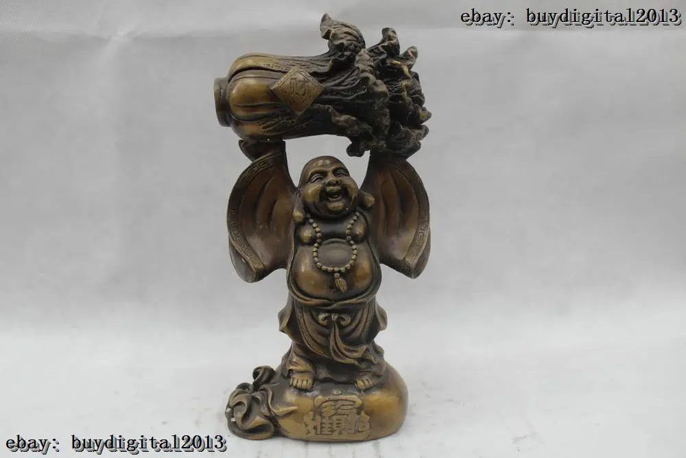

13"Chinese Folk Pure Bronze Lucky excellent Money drawing Miller Buddha Statue