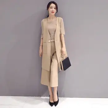 

Womens high quality spring New Fashion Leisure Women's Sleeveless Vest +Wide Leg Pants Two Pieces Sets Notched Loose Woman Suit