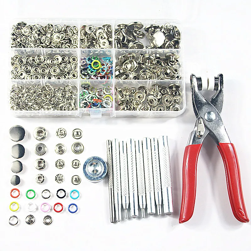 

100sets 9.5mm Open Ring Prong Snap Buttons for Baby Clothing+40sets Metal Snap Fastener Press Stud Buttons +Sewing Plier Tools