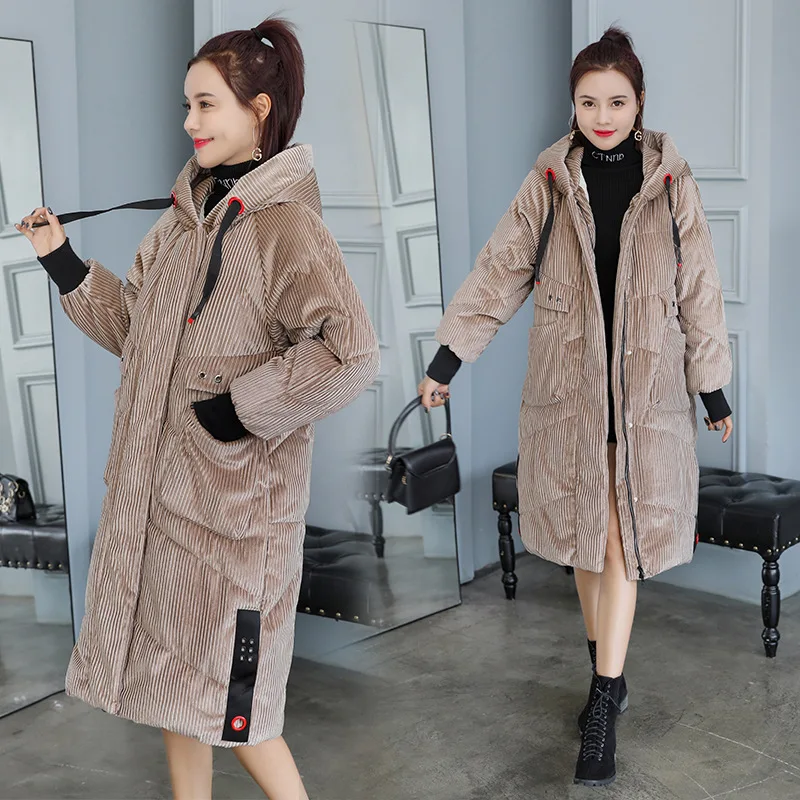 

Fashion Winter Jacket Women Thick Corduroy Long Parka 2019 New Cotton Pocket Zipper Parkas Winter Jacket Female Plus Size