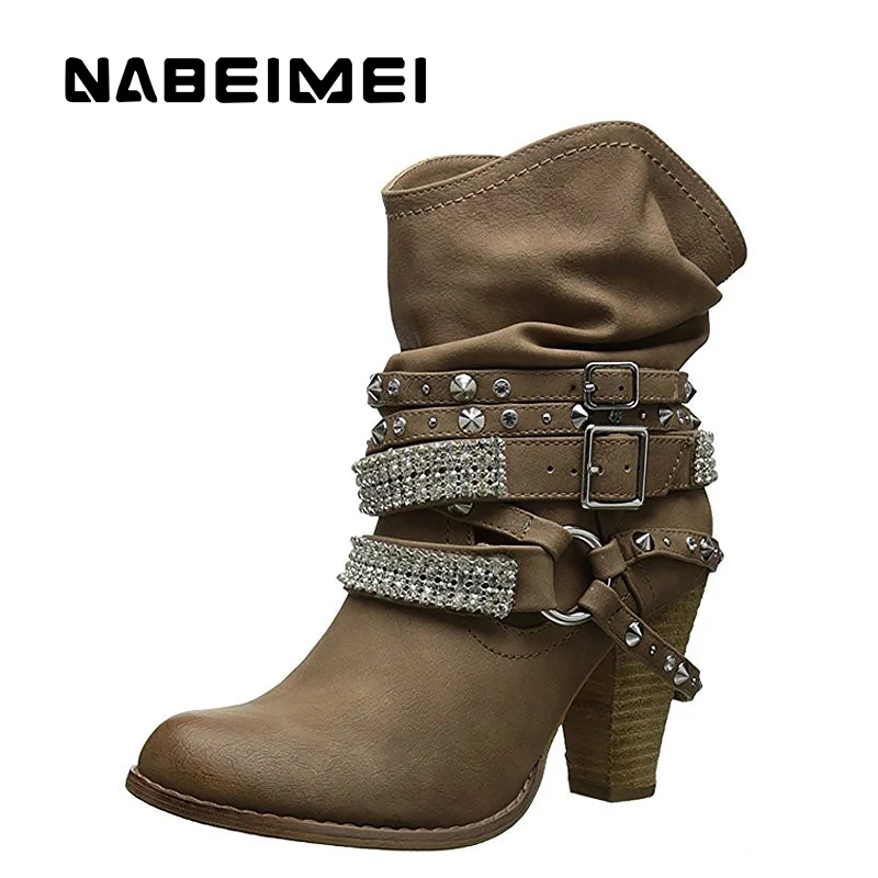 

Women's boots crystal spike heels ankle boots big size 4.5-10.5 hard-wearing designer female boot 2018 fashion autumn