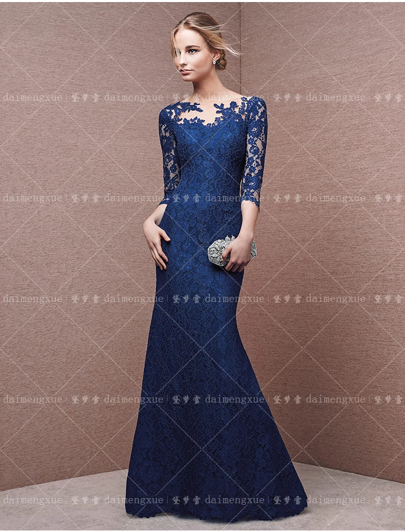 

2016 sexy blue lace appliques mermaid Evening Dress three quarter sleeve Floor Length Formal Party gowns long prom dresses