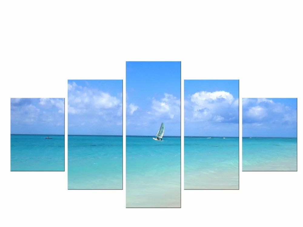 

5 Pieces Modern Canvas Prints Sea Boat Sunset Painting Beach Seascape Decoracion Wall Picture for Living Room Framed