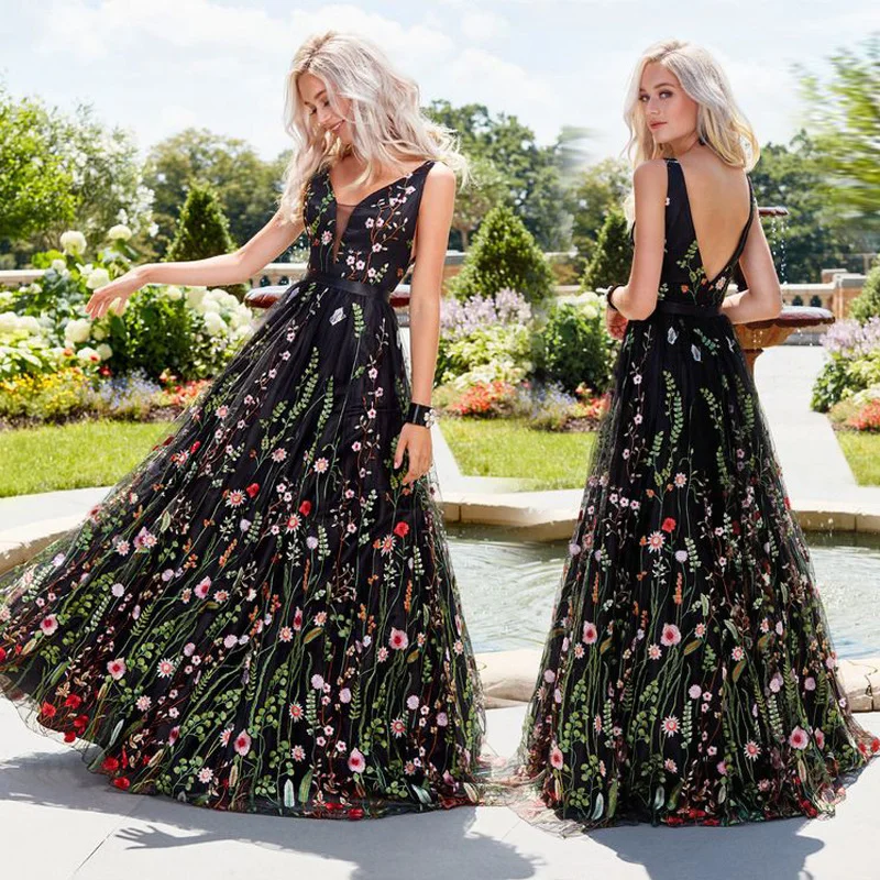 Women Sexy Mesh Embroidery Dress Slim V Neck Backless Black Autumn Winter Long Gown Party Vestidos De Fiesta | Женская одежда