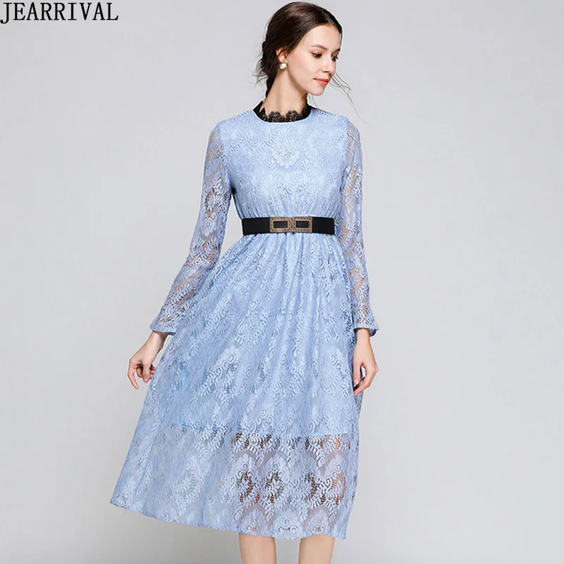 

Spring Women Lace Dresses 2019 New Fashion Long Sleeve Hollow Out Slim Casual Work Office Ladies Elegant Dress Party Vestidos