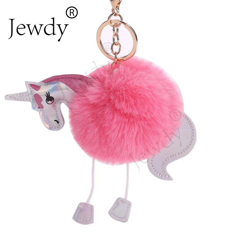 Unicorn pompom keychain Artificial rabbit full ball pompon key chains women bag car key rings porte celf holder fluffy pom pom