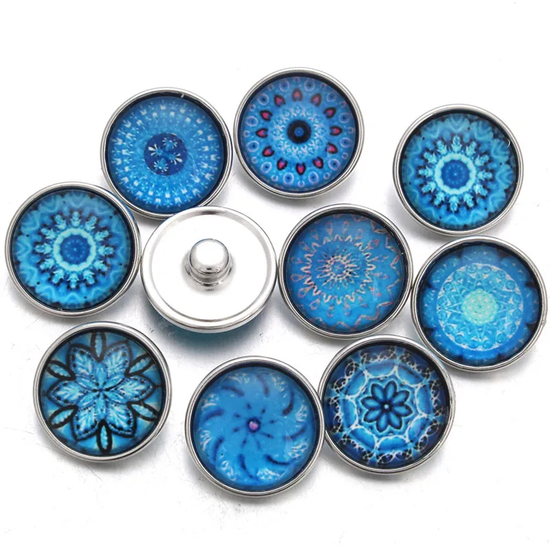 

10pcs/lot Blue Series Theme Beautiful Exotic Pattern 18mm Snap Button Charms For 18mm Snaps Bracelet Snap Jewelry ZB388