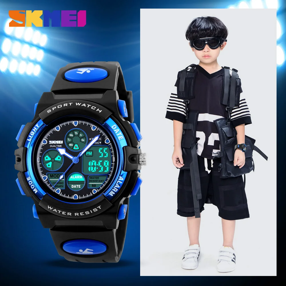 SKMEI спортивные детские часы для девочек и мальчиков, военные водонепроницаемые наручные часы, двойной светодиодный дисплей, Цифровые кварцевые детские часы