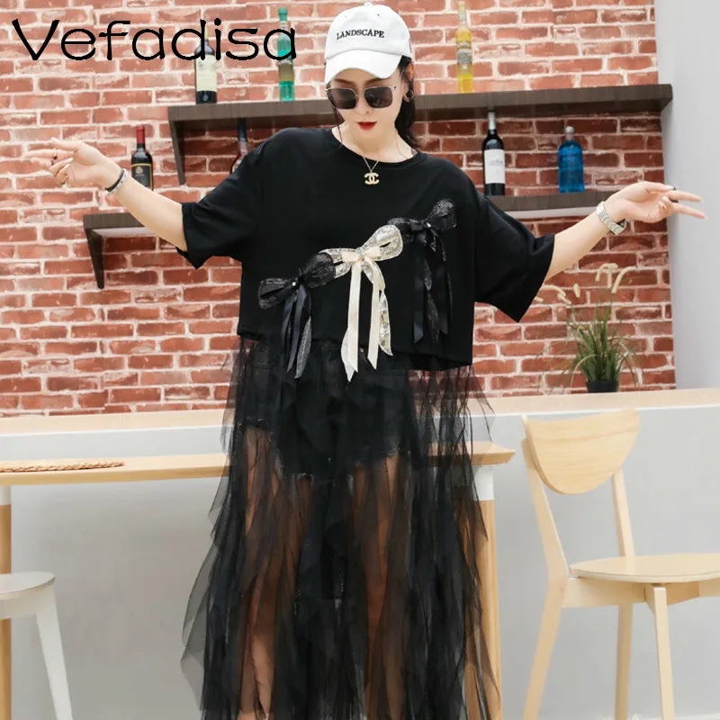 Vefadisa женское черно белое бантики украшения платье летнее лоскутное Сетчатое с