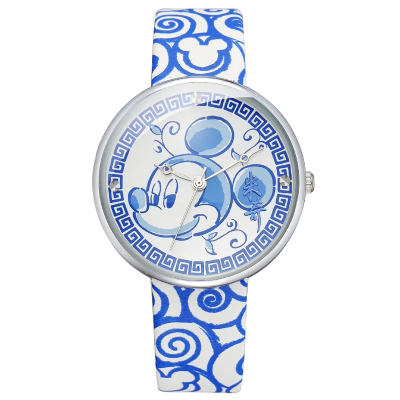 

Disney original brand boy girl Genuine leather watches blue band cartoon clocks Mickey Mouse head waterproof quartz original box
