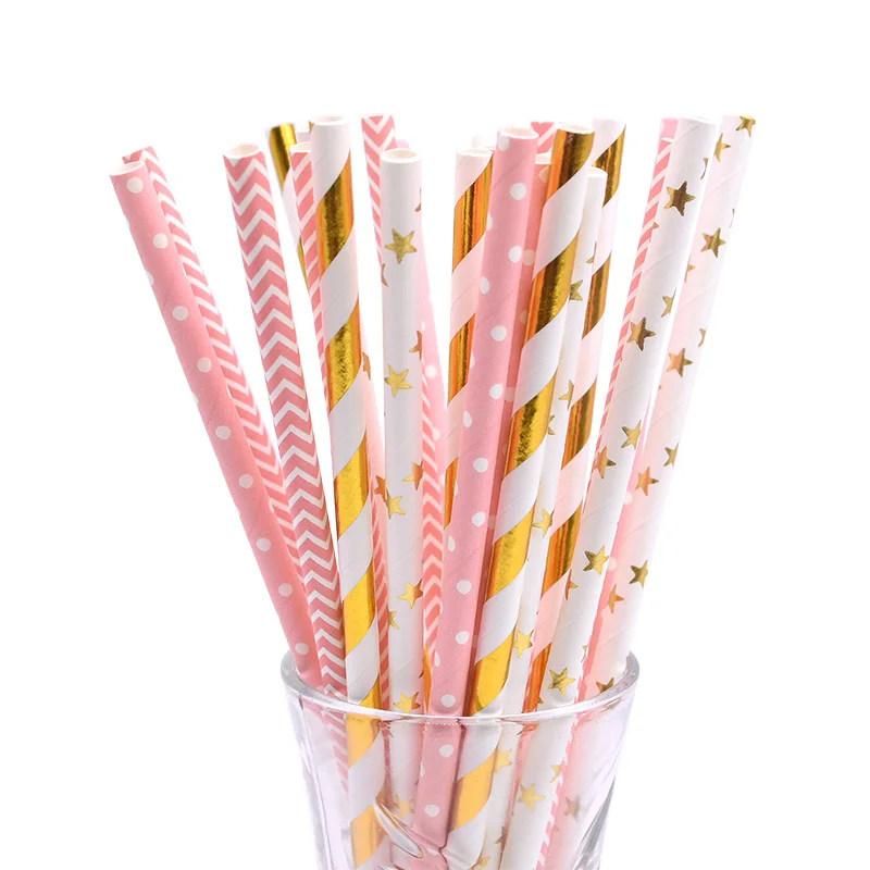 25Pcs Mix Style Paper Straw Heart Stripe Drinking Chevron Straws For Wedding Birthday Party Decoration Baby Shower Supplies