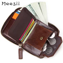 Meesii Genuine Leather Short Men Wallet Vintage Cow Leather Small Wallet Male Photo&Card holder Purse Coin pocket Zipper
