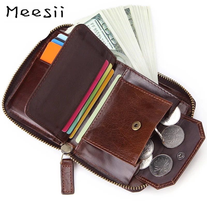 Мужской короткий кошелек Meesii винтажный из натуральной коровьей кожи на молнии с