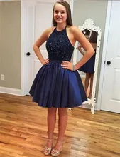 Heißer Verkauf Marineblau Mini Homecoming Kleider Neckholder Sleeveless Geöffnete Zurück Perlen Kristall Gürtel Satin Ballkleid Cocktailkleider