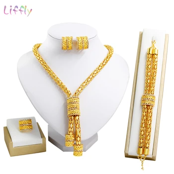 

African Fashion Jewelry Sets Simple Design Crystal Necklace for Women Charm Bracelet Gold Earring Anniversary Prom Party Gifts