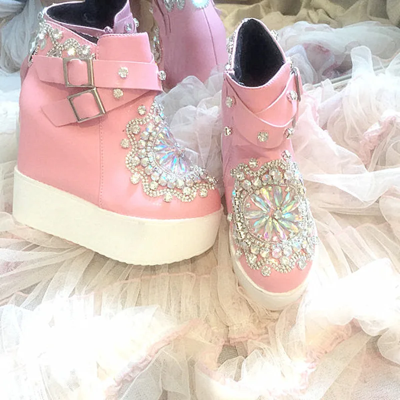 

Colorful Crystal Flower Pink Ankle Boots High Heel Women Height Increased Internal Platform Shoes for Girls Lady