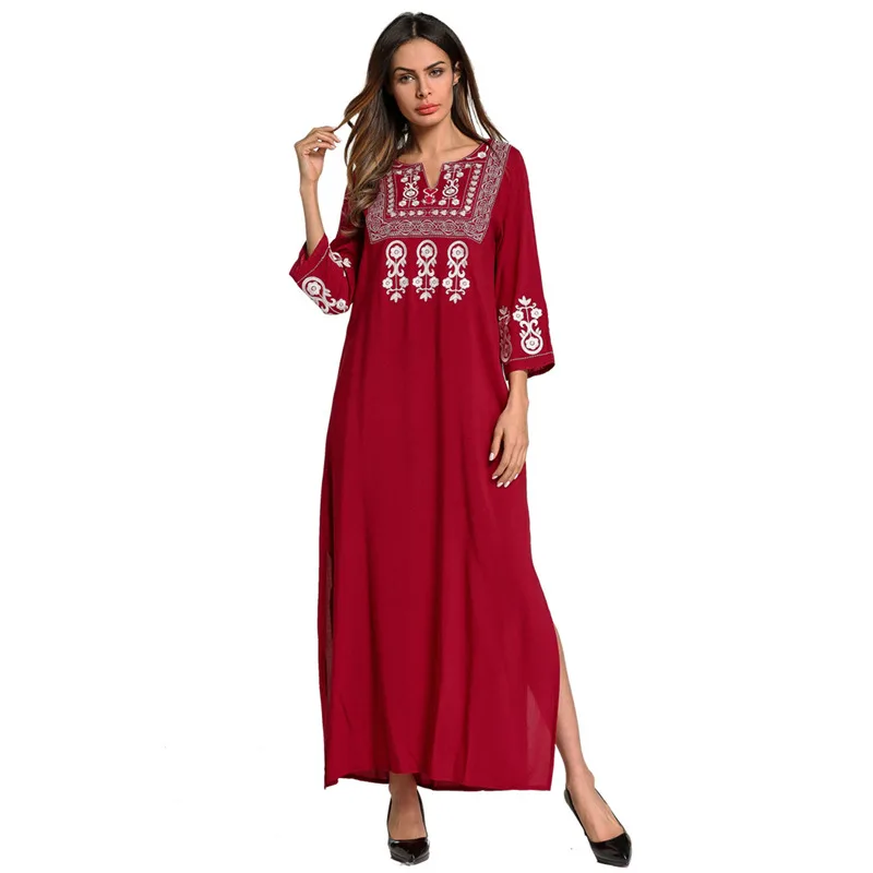 Elegant Muslim Embroidery Maxi Dress Long Robes Abaya Summer Loose ...
